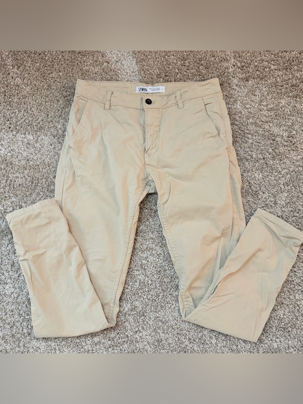ZARA Beige Stretch Twill Chino Pants Mens 31W 98% cotton Slim Tapered Flat Front